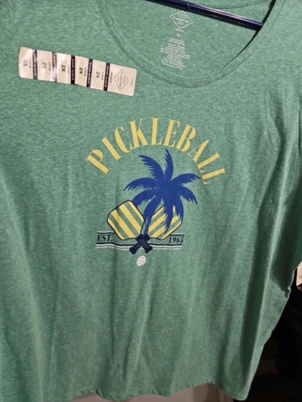 St. John's Bay Green Tee with Blue Palm and Yellow Accents